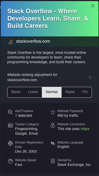 Controls for ranking StackOverflow.com, and technical information about the site