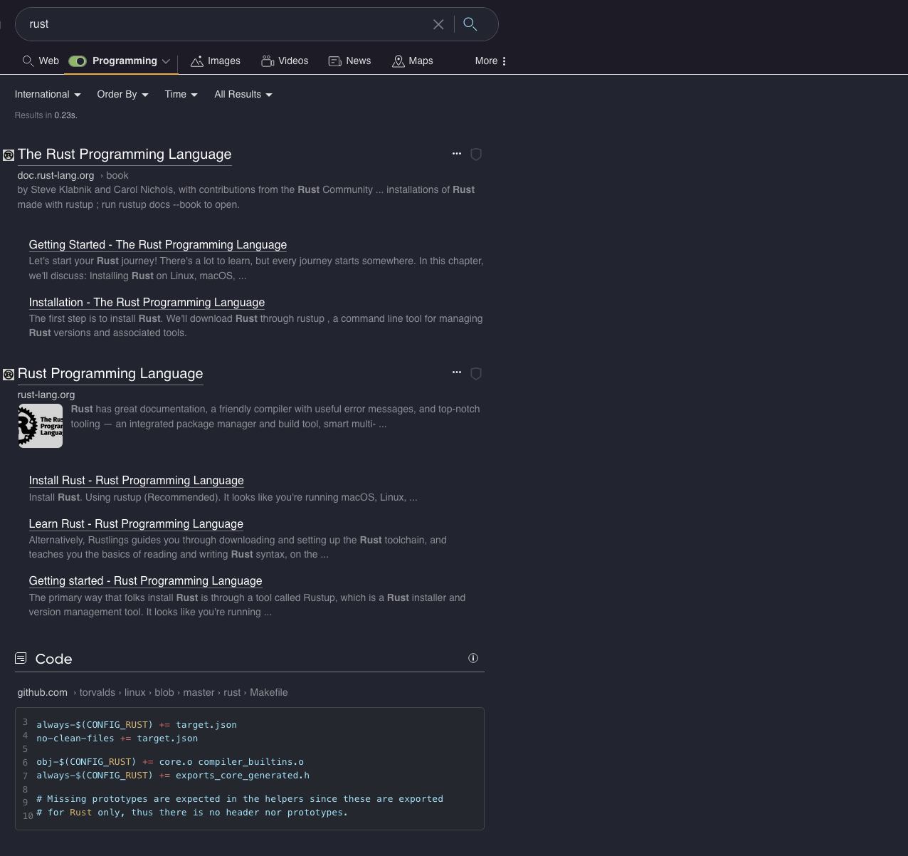 Search results for the programming language Rust, it's documentation and a code sample